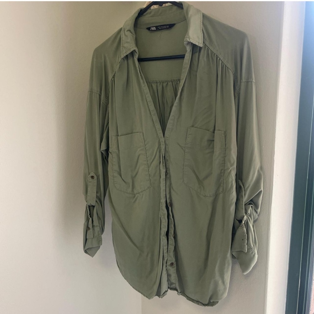 Zara Olive Green Button Down Shirt Women's size S